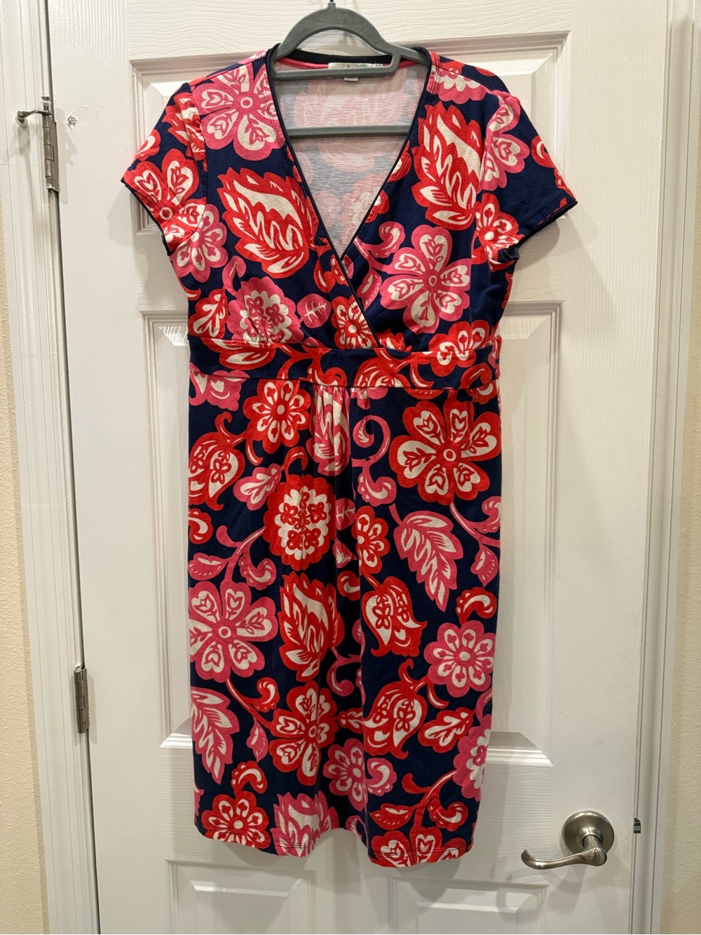 Boden Navy Midi Dress with Pink & Red Floral Print